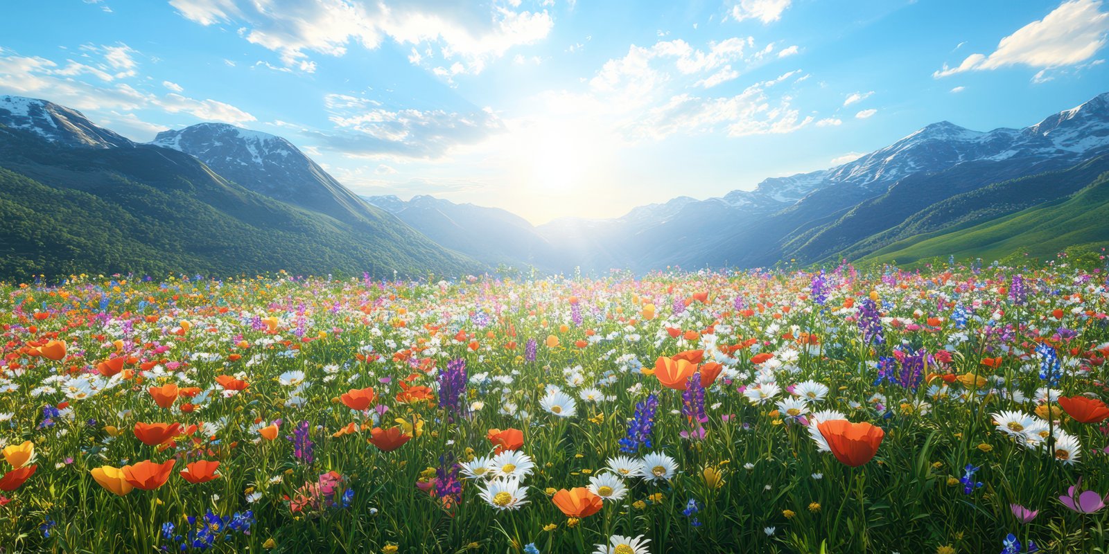 Colorful wildflower meadow under a bright blue sky with mountains in the background during daylight